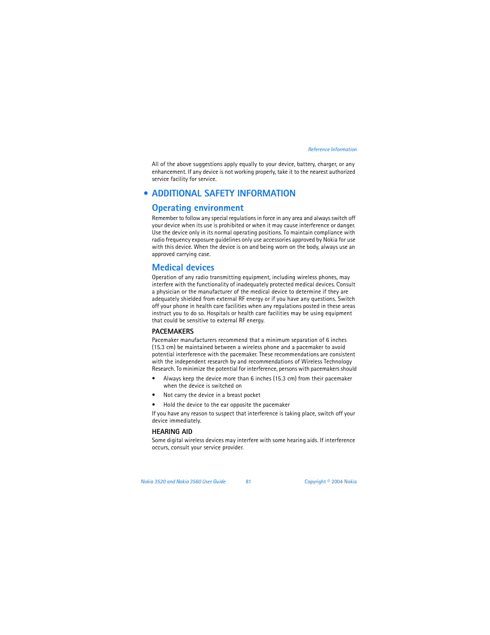 Additional safety information, Medical devices | Nokia 3560 User Manual | Page 90 / 121