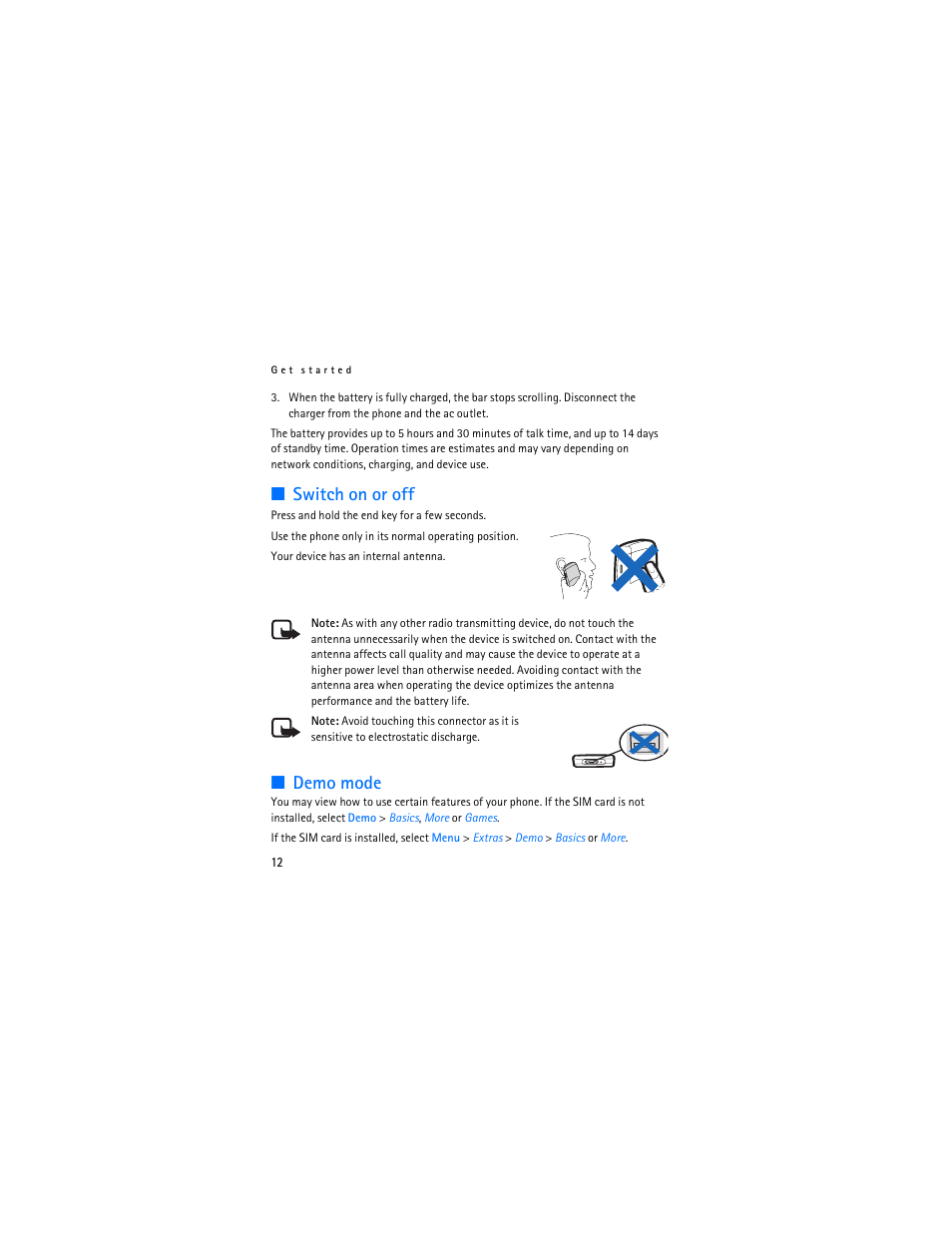 Switch on or off, Demo mode, Switch on or off demo mode | Nokia 1112 User Manual | Page 13 / 89