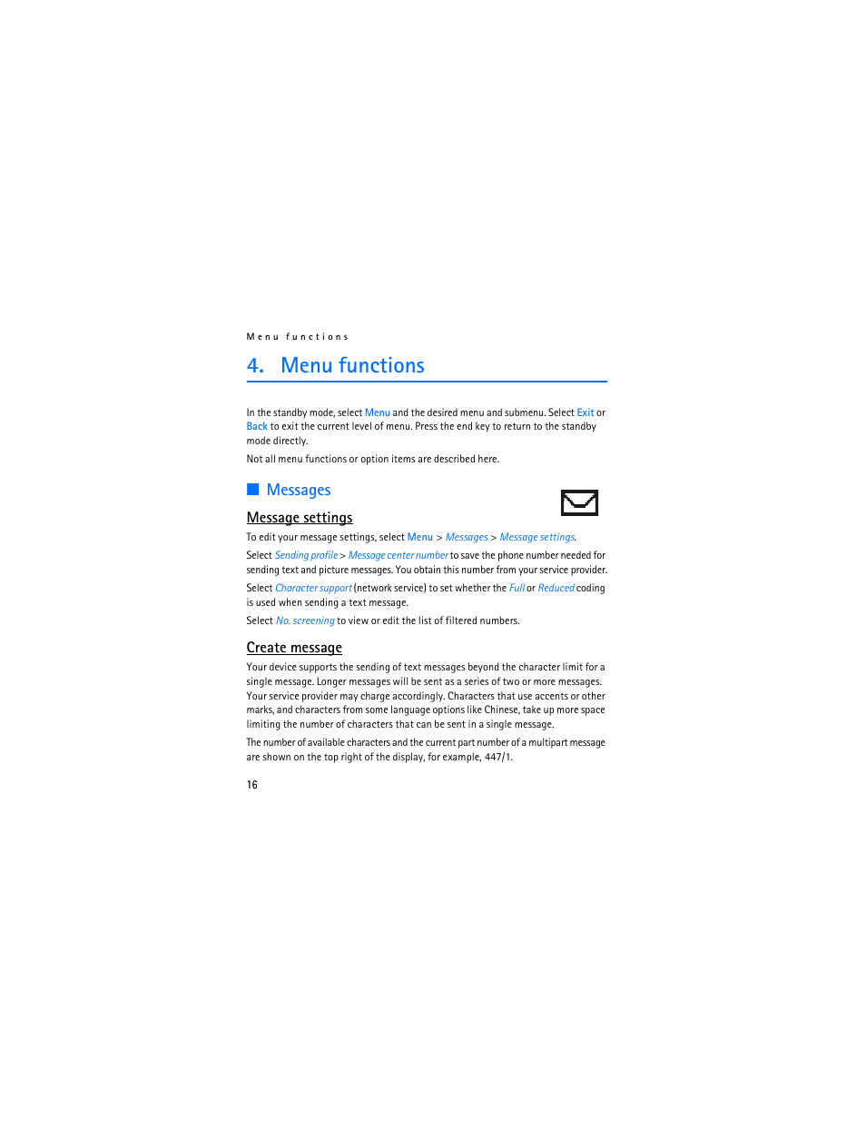 Menu functions, Messages, Message settings | Create message | Nokia 1112 User Manual | Page 17 / 89