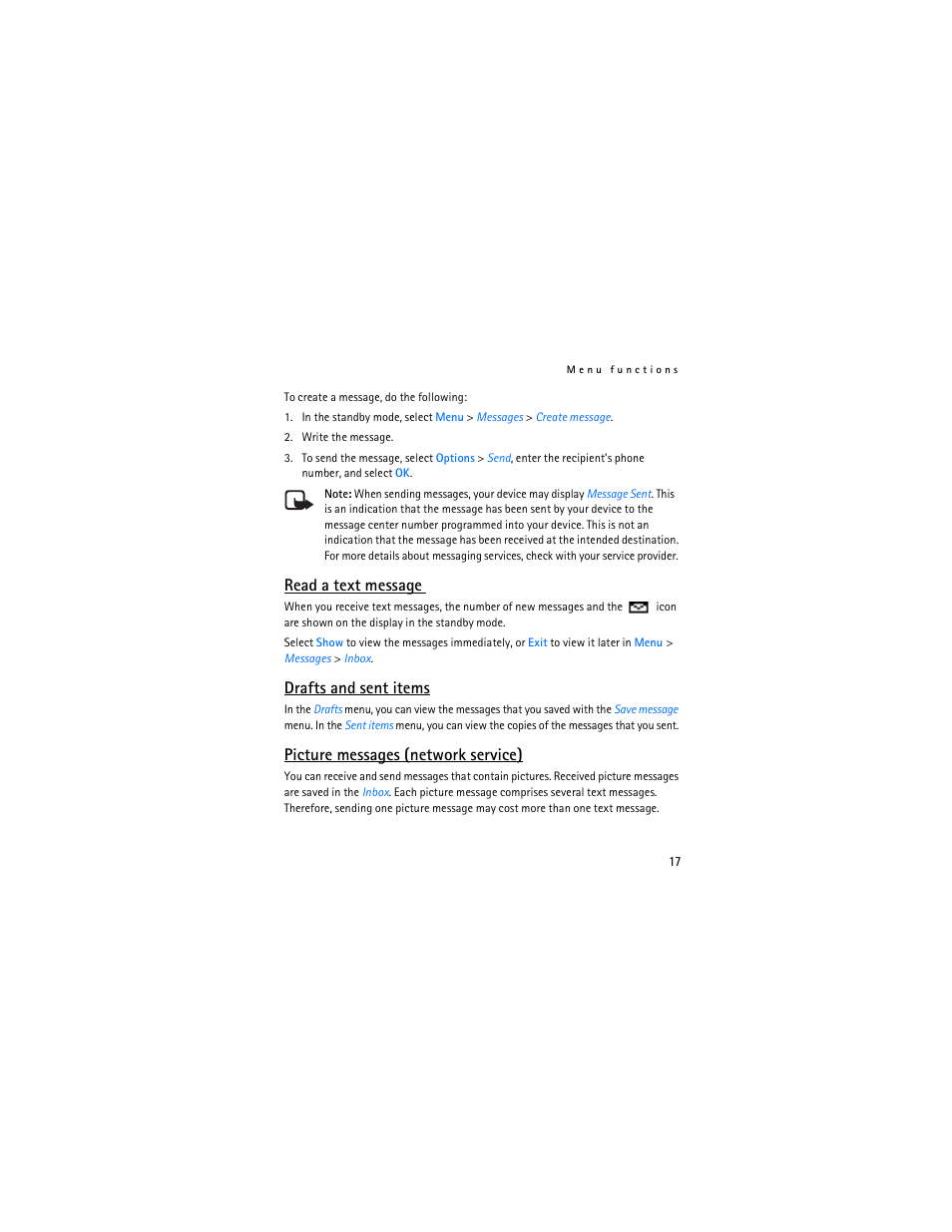 Read a text message, Drafts and sent items, Picture messages (network service) | Nokia 1112 User Manual | Page 18 / 89