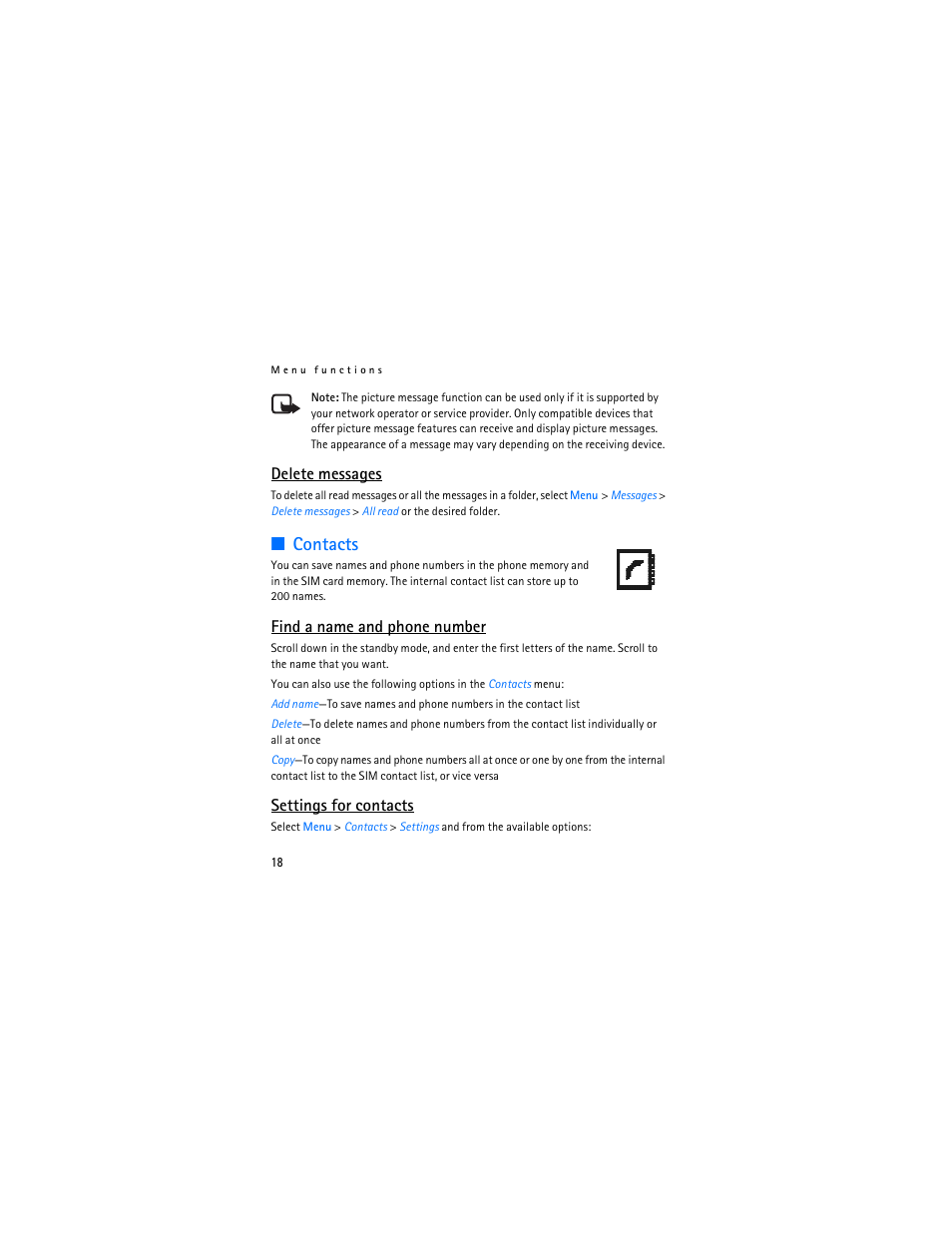 Contacts, Delete messages, Find a name and phone number | Settings for contacts | Nokia 1112 User Manual | Page 19 / 89