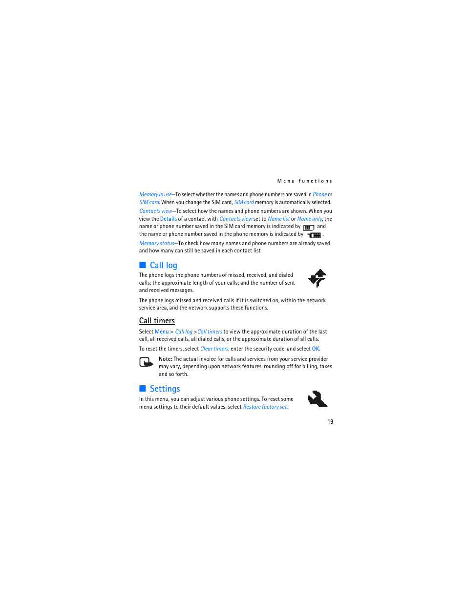 Call log, Settings, Call log settings | Call timers | Nokia 1112 User Manual | Page 20 / 89