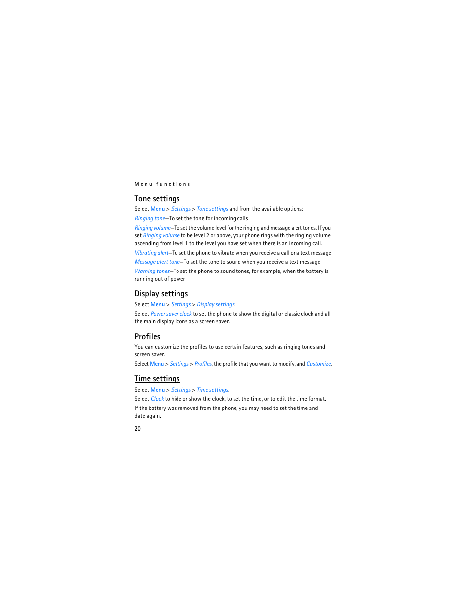 Tone settings, Display settings, Profiles | Time settings | Nokia 1112 User Manual | Page 21 / 89
