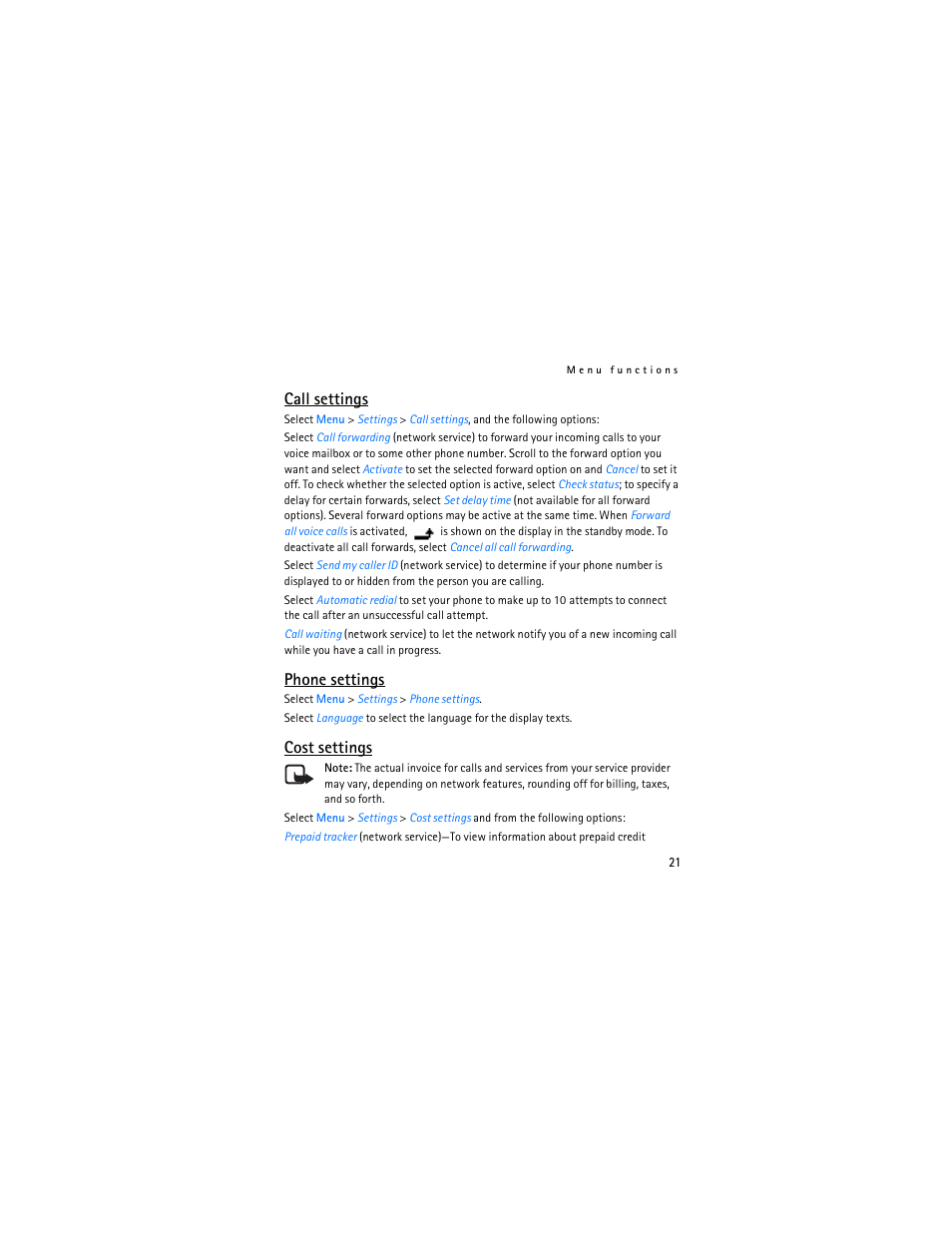 Call settings, Phone settings, Cost settings | Nokia 1112 User Manual | Page 22 / 89