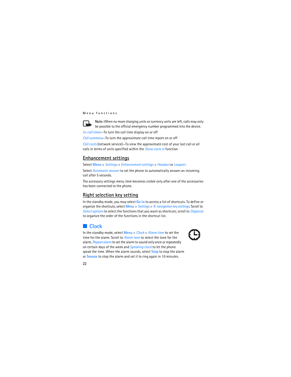 Clock, Enhancement settings, Right selection key setting | Nokia 1112 User Manual | Page 23 / 89