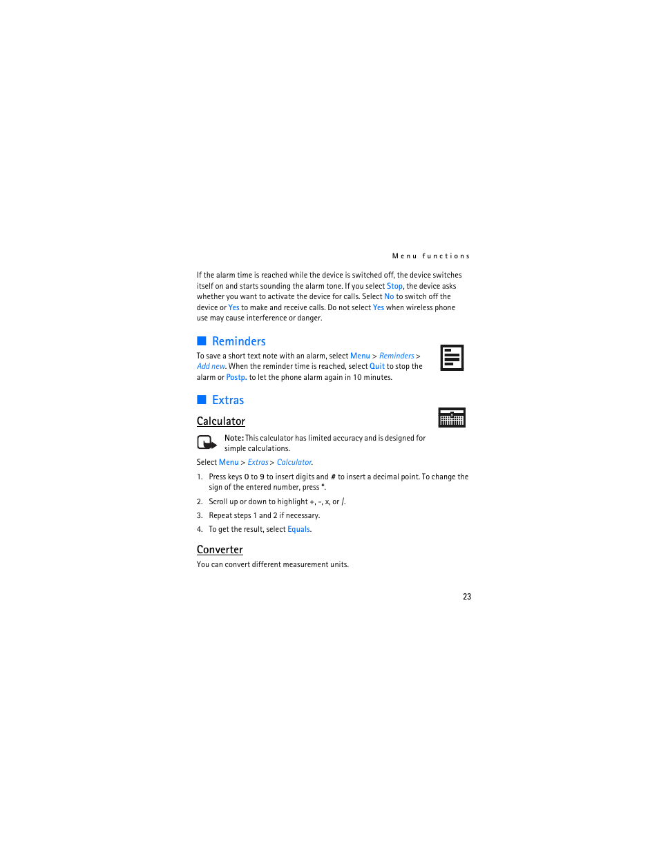 Reminders, Extras, Reminders extras | Calculator, Converter | Nokia 1112 User Manual | Page 24 / 89