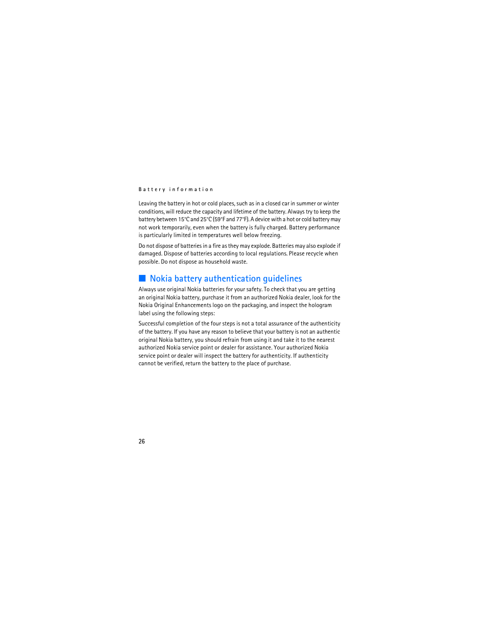 Nokia battery authentication guidelines | Nokia 1112 User Manual | Page 27 / 89