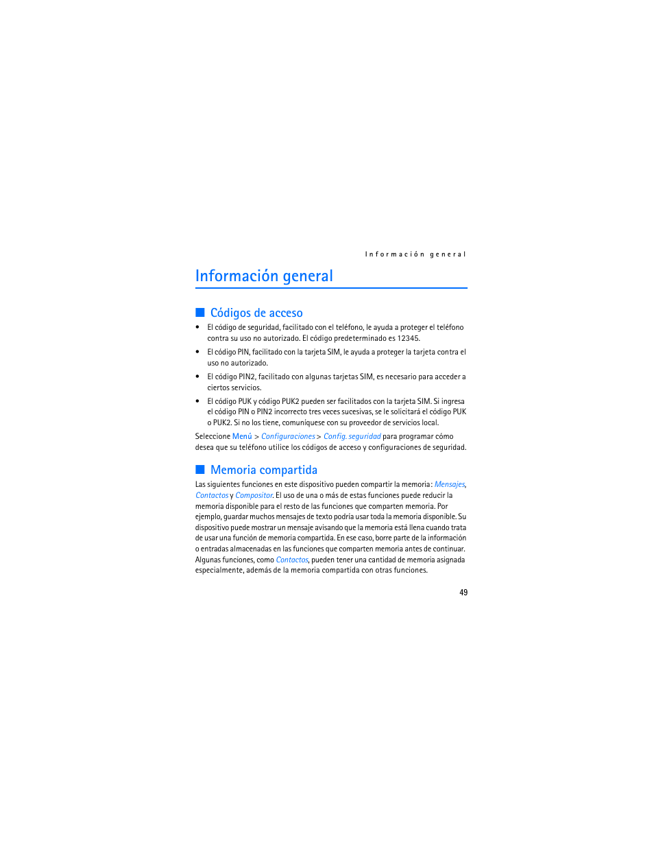 Información general, Códigos de acceso, Memoria compartida | Códigos de acceso memoria compartida | Nokia 1112 User Manual | Page 50 / 89