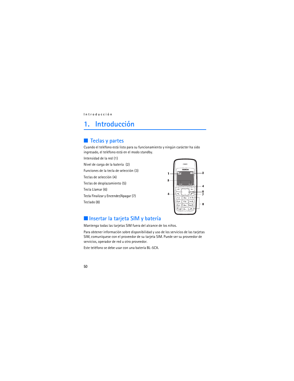 Introducción, Teclas y partes, Insertar la tarjeta sim y batería | Teclas y partes insertar la tarjeta sim y batería | Nokia 1112 User Manual | Page 51 / 89