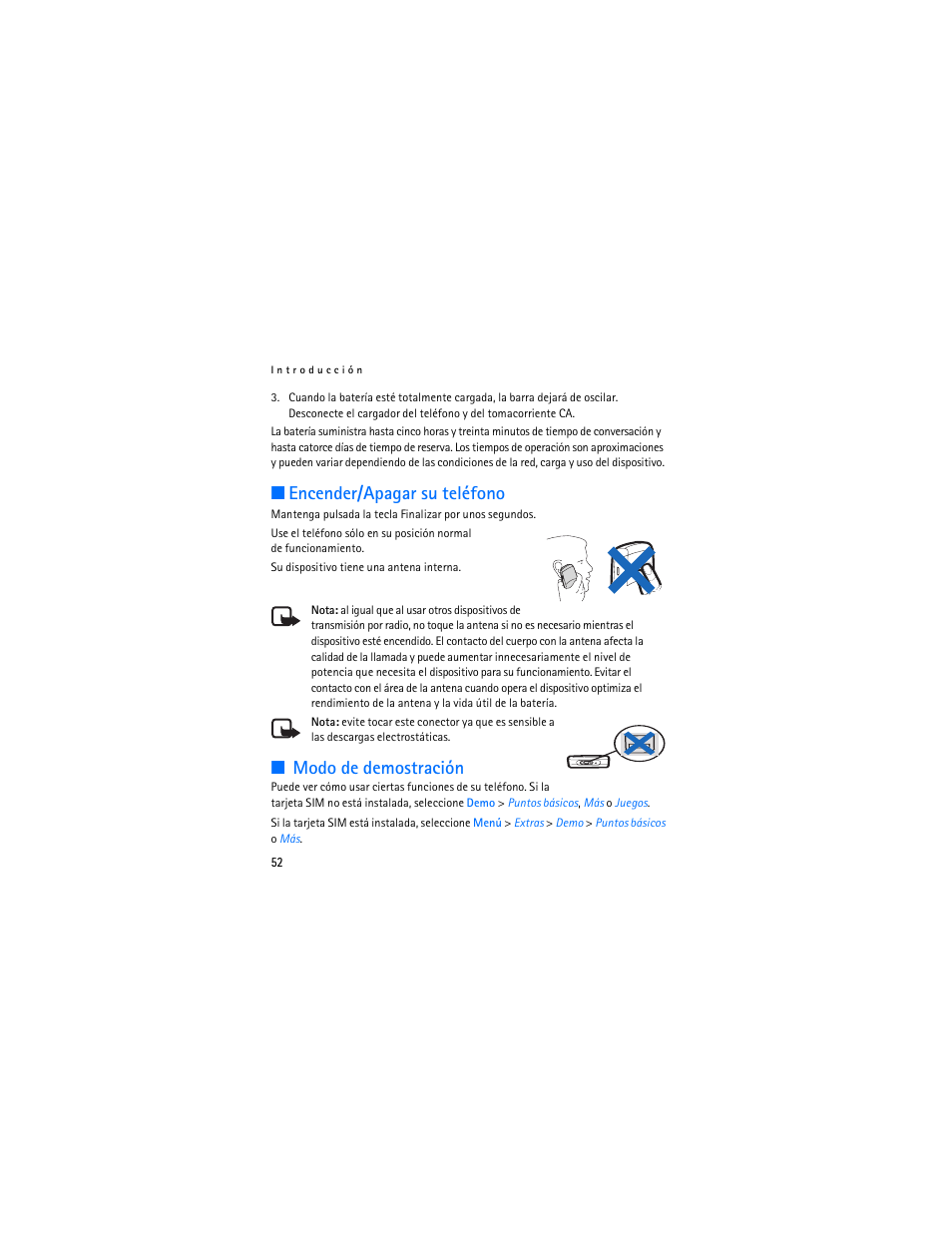 Encender/apagar su teléfono, Modo de demostración, Encender/apagar su teléfono modo de demostración | Nokia 1112 User Manual | Page 53 / 89