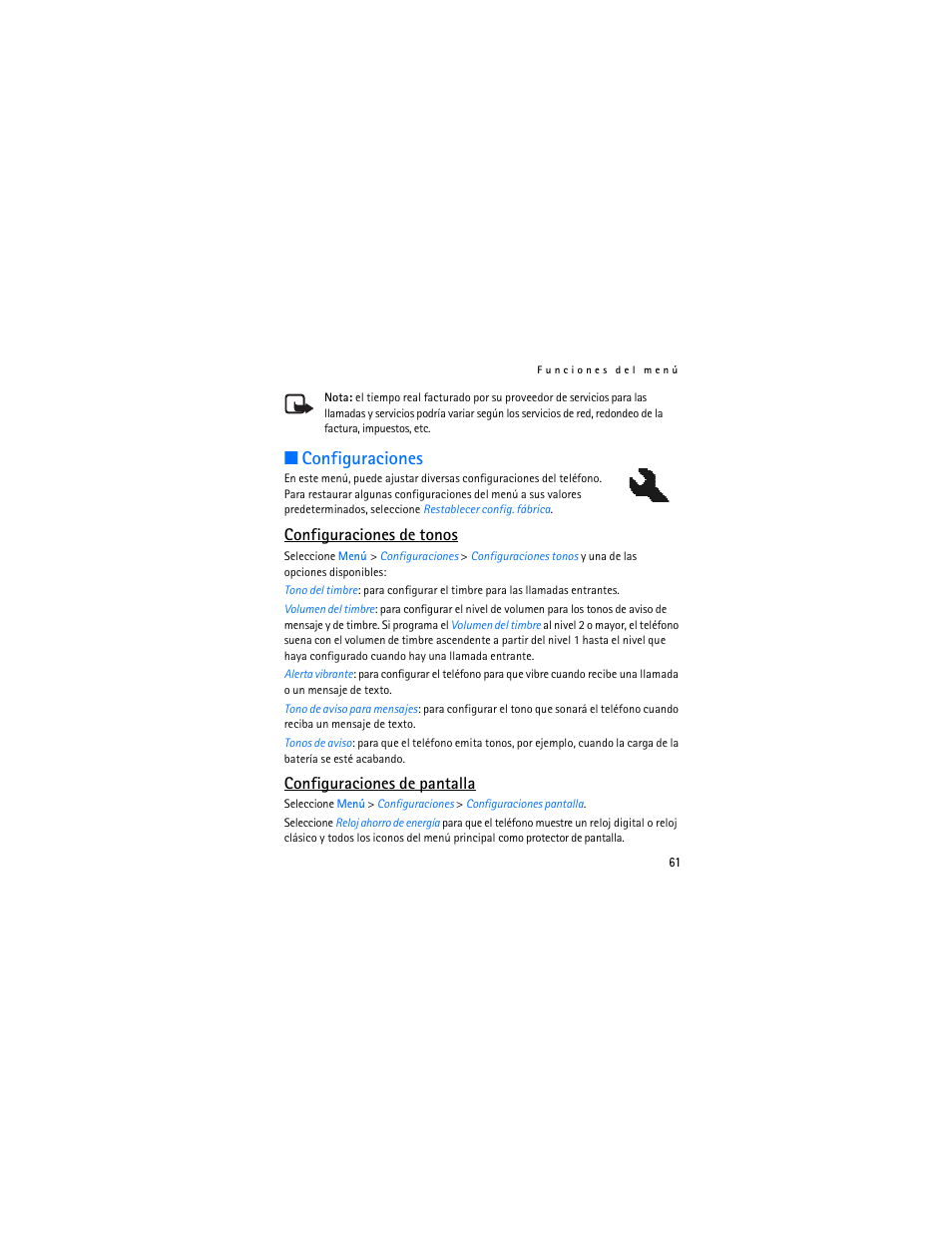 Configuraciones, Configuraciones de tonos, Configuraciones de pantalla | Nokia 1112 User Manual | Page 62 / 89