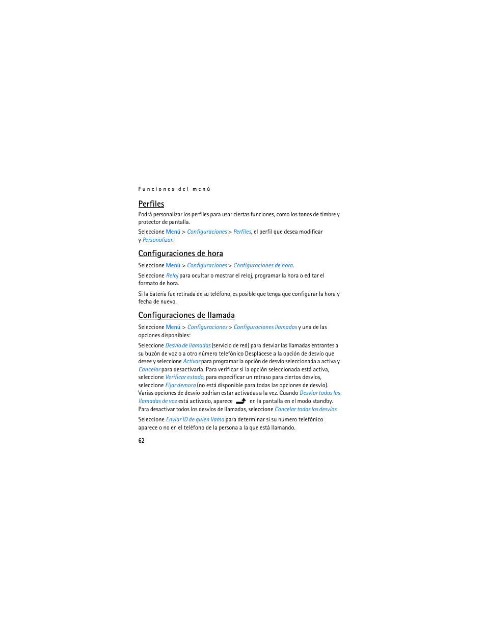 Perfiles, Configuraciones de hora, Configuraciones de llamada | Nokia 1112 User Manual | Page 63 / 89