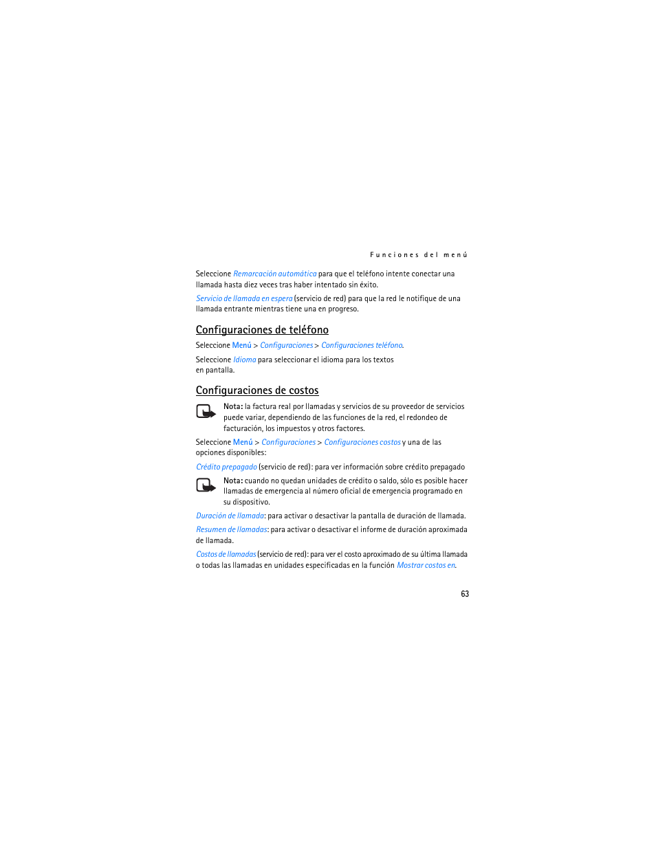 Configuraciones de teléfono, Configuraciones de costos | Nokia 1112 User Manual | Page 64 / 89