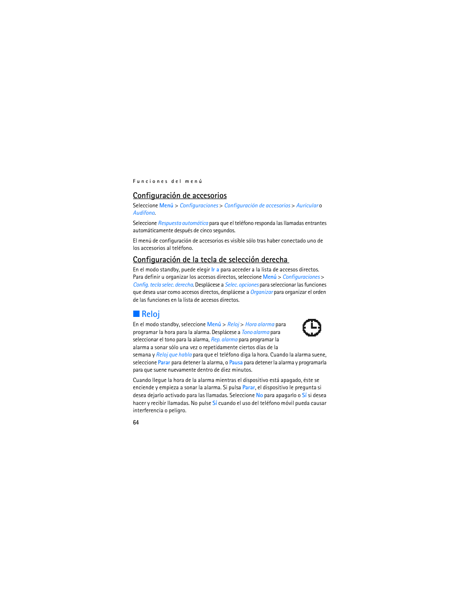 Reloj, Configuración de accesorios, Configuración de la tecla de selección derecha | Nokia 1112 User Manual | Page 65 / 89