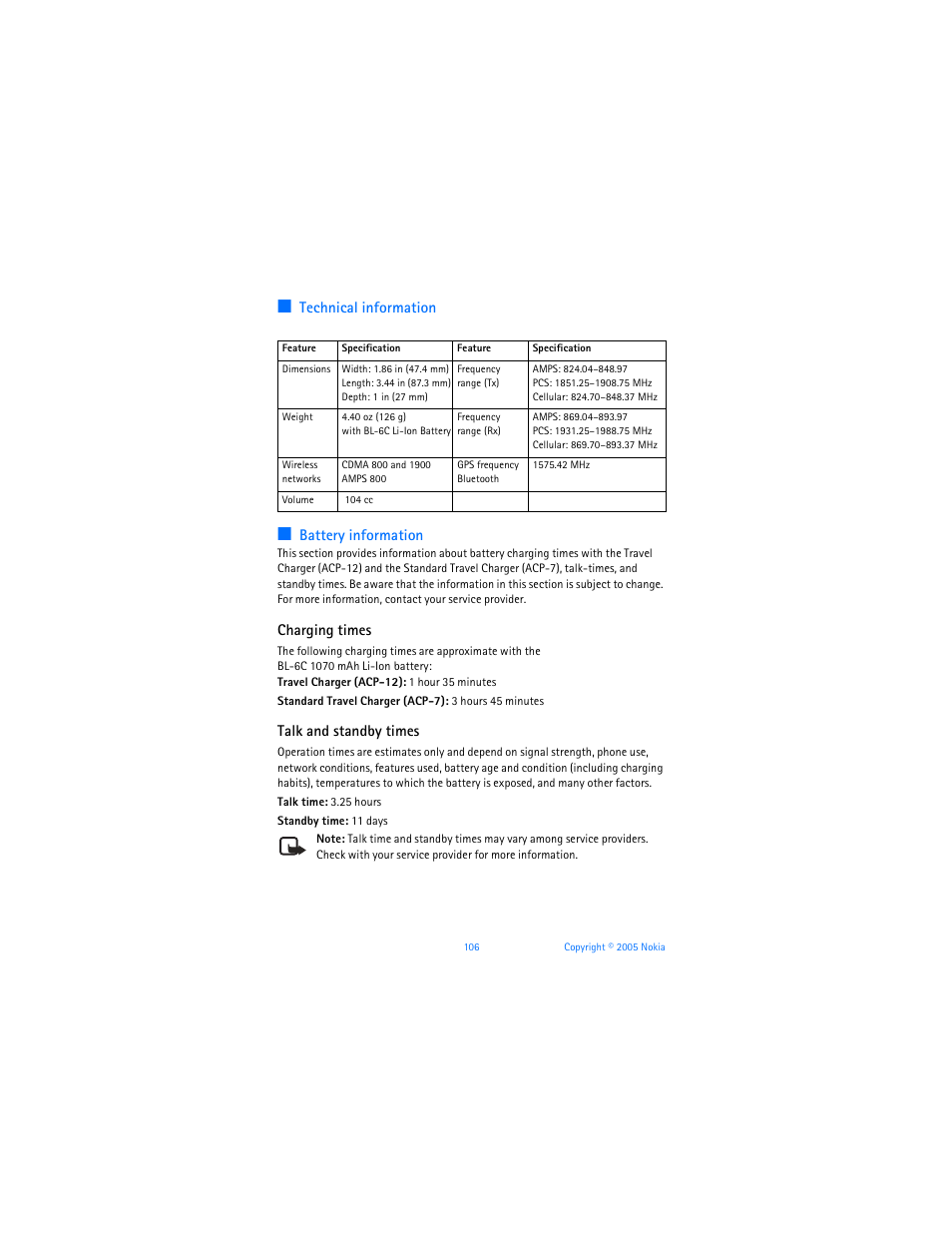 Technical information, Battery information, Charging times | Talk and standby times | Nokia 6256i User Manual | Page 107 / 123