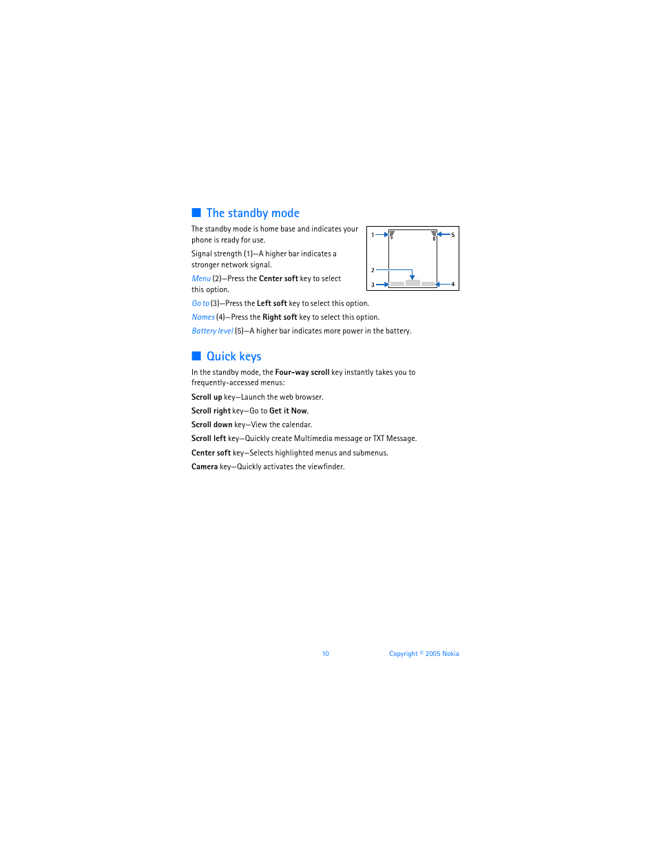 The standby mode, Quick keys | Nokia 6256i User Manual | Page 11 / 123