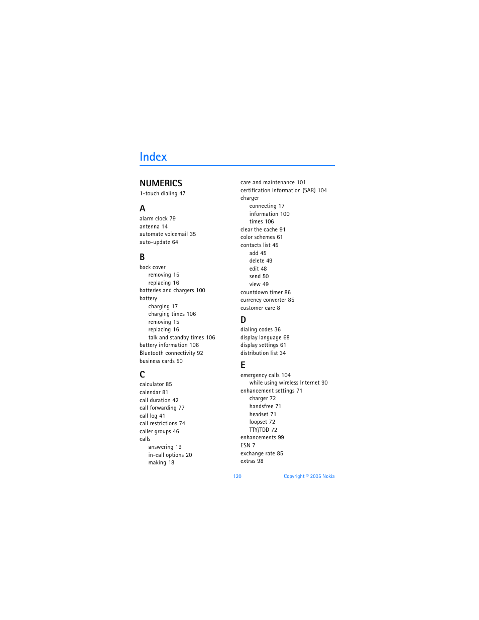 Index, Numerics | Nokia 6256i User Manual | Page 121 / 123