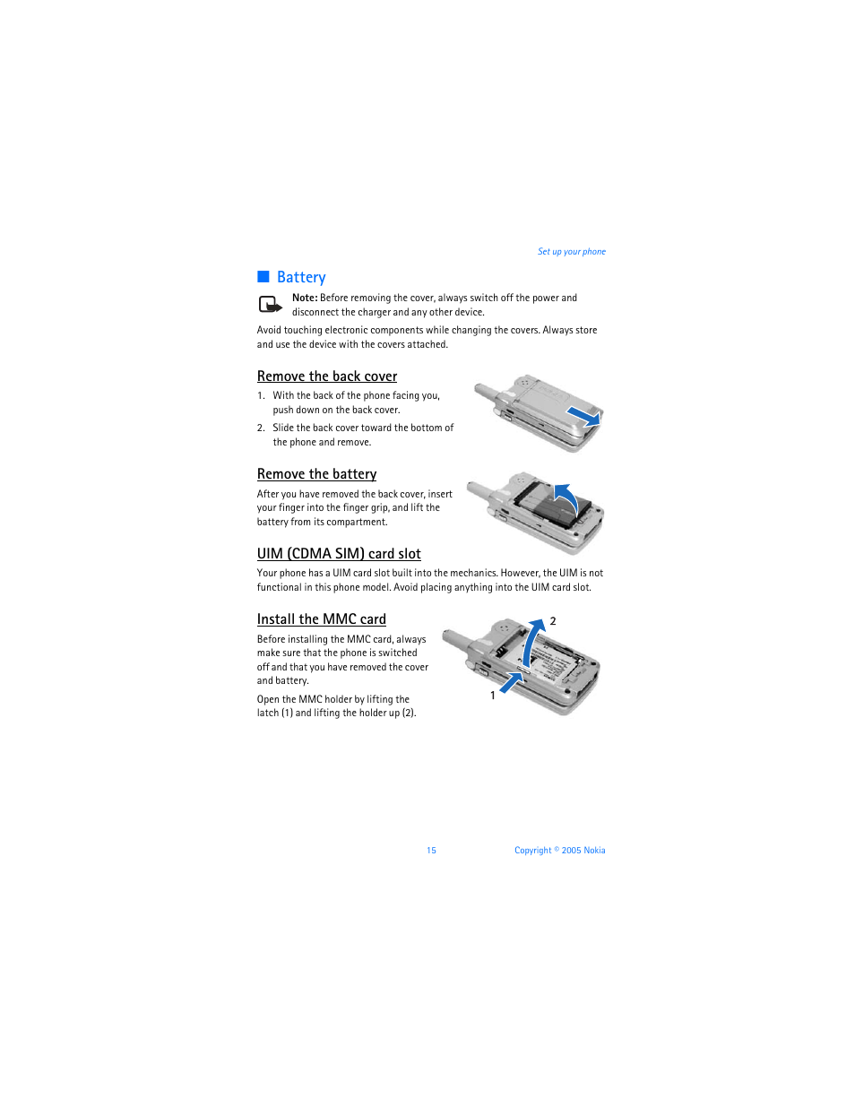 Battery, Remove the back cover, Remove the battery | Uim (cdma sim) card slot, Install the mmc card | Nokia 6256i User Manual | Page 16 / 123