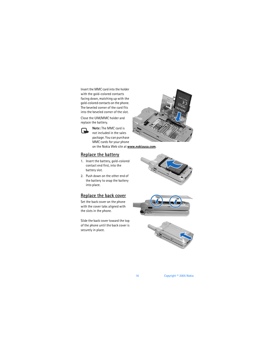 Replace the battery, Replace the back cover | Nokia 6256i User Manual | Page 17 / 123