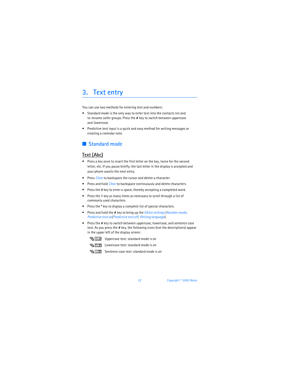 Text entry, Standard mode, Text (abc) | Nokia 6256i User Manual | Page 23 / 123