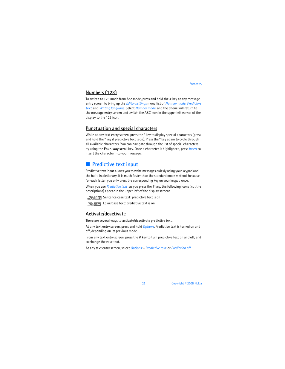 Predictive text input, Numbers (123), Punctuation and special characters | Activate/deactivate | Nokia 6256i User Manual | Page 24 / 123