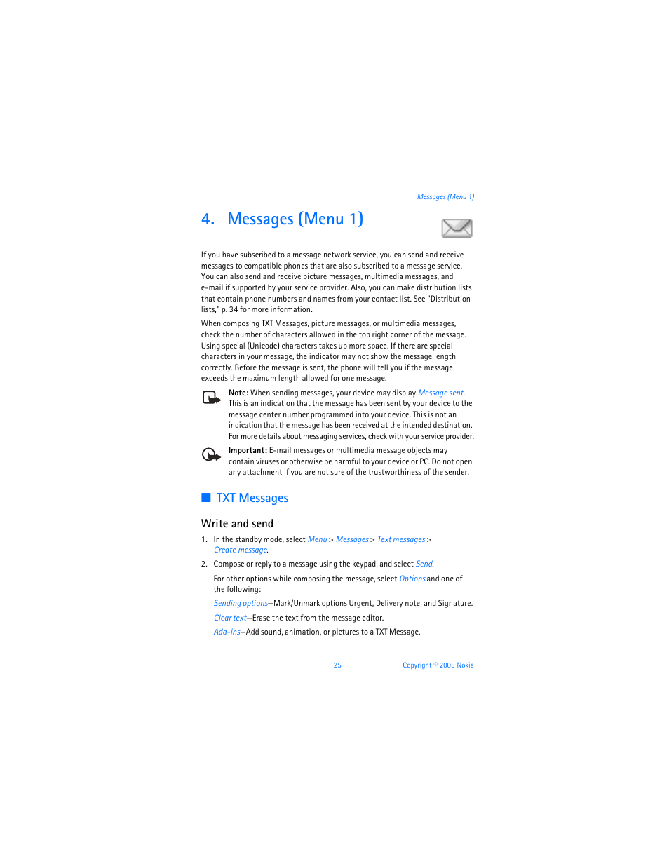 Messages, Messages (menu 1), Txt messages," p. 25 | Txt messages, Write and send | Nokia 6256i User Manual | Page 26 / 123