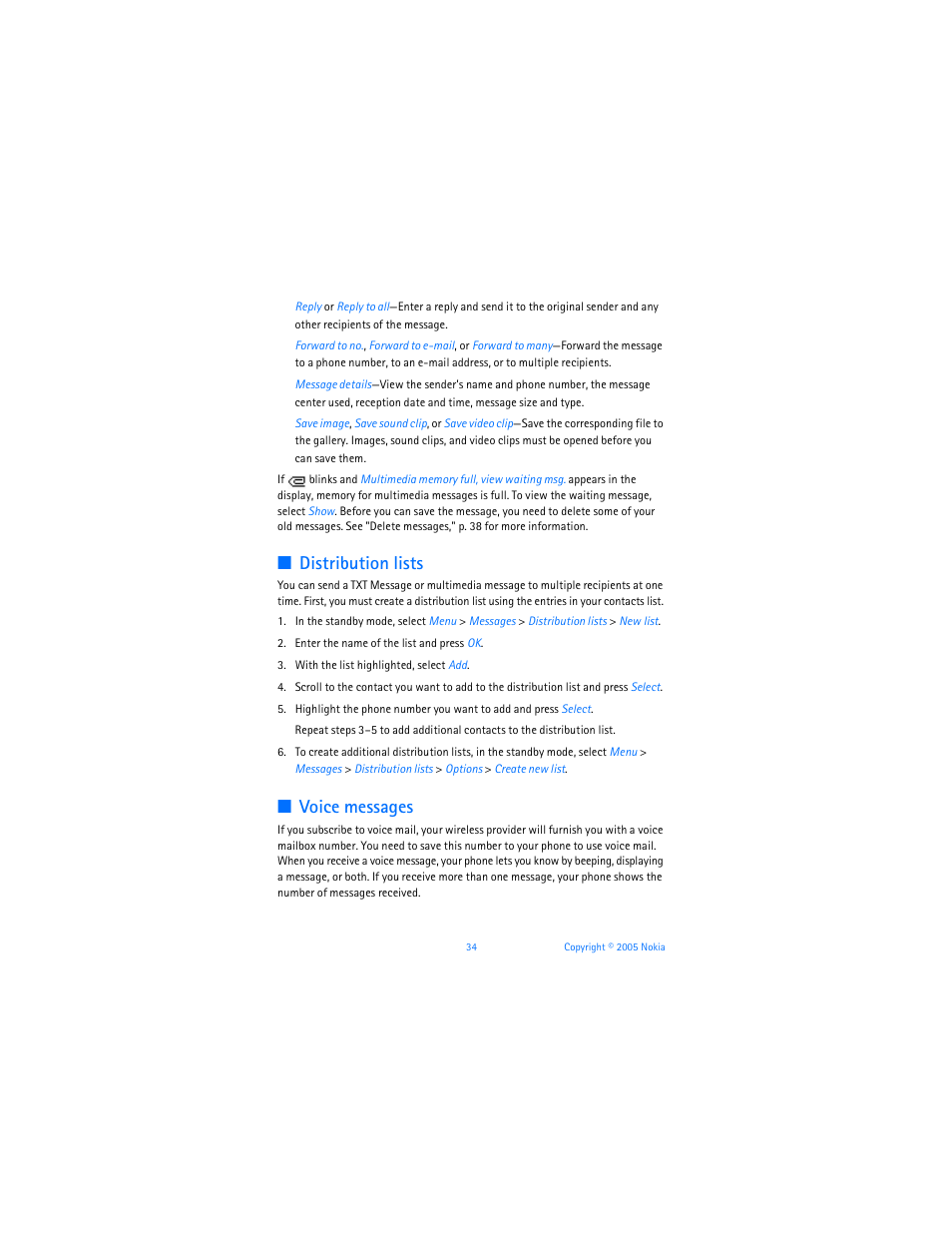 E "voice messages," p. 34, Distribution lists, Voice messages | Nokia 6256i User Manual | Page 35 / 123