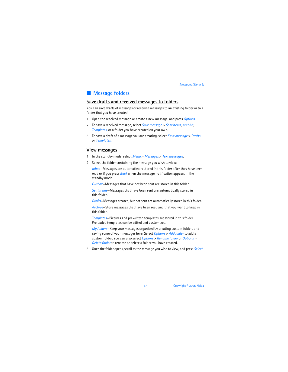 Message folders, Save drafts and received messages to folders, View messages | Nokia 6256i User Manual | Page 38 / 123
