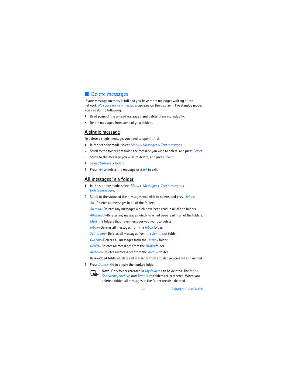 Delete messages, A single message, All messages in a folder | Nokia 6256i User Manual | Page 39 / 123