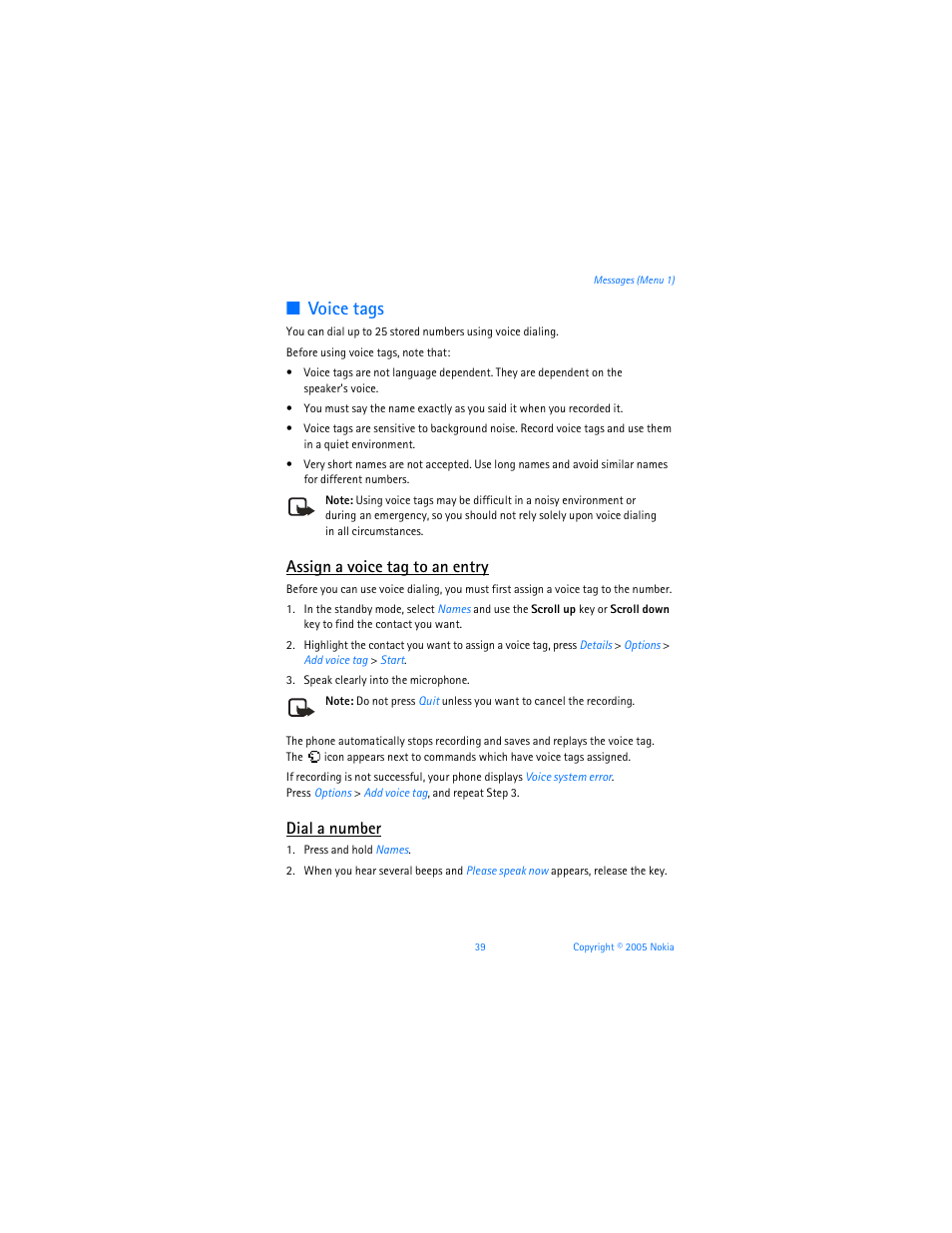 Voice tags, Assign a voice tag to an entry, Dial a number | Nokia 6256i User Manual | Page 40 / 123