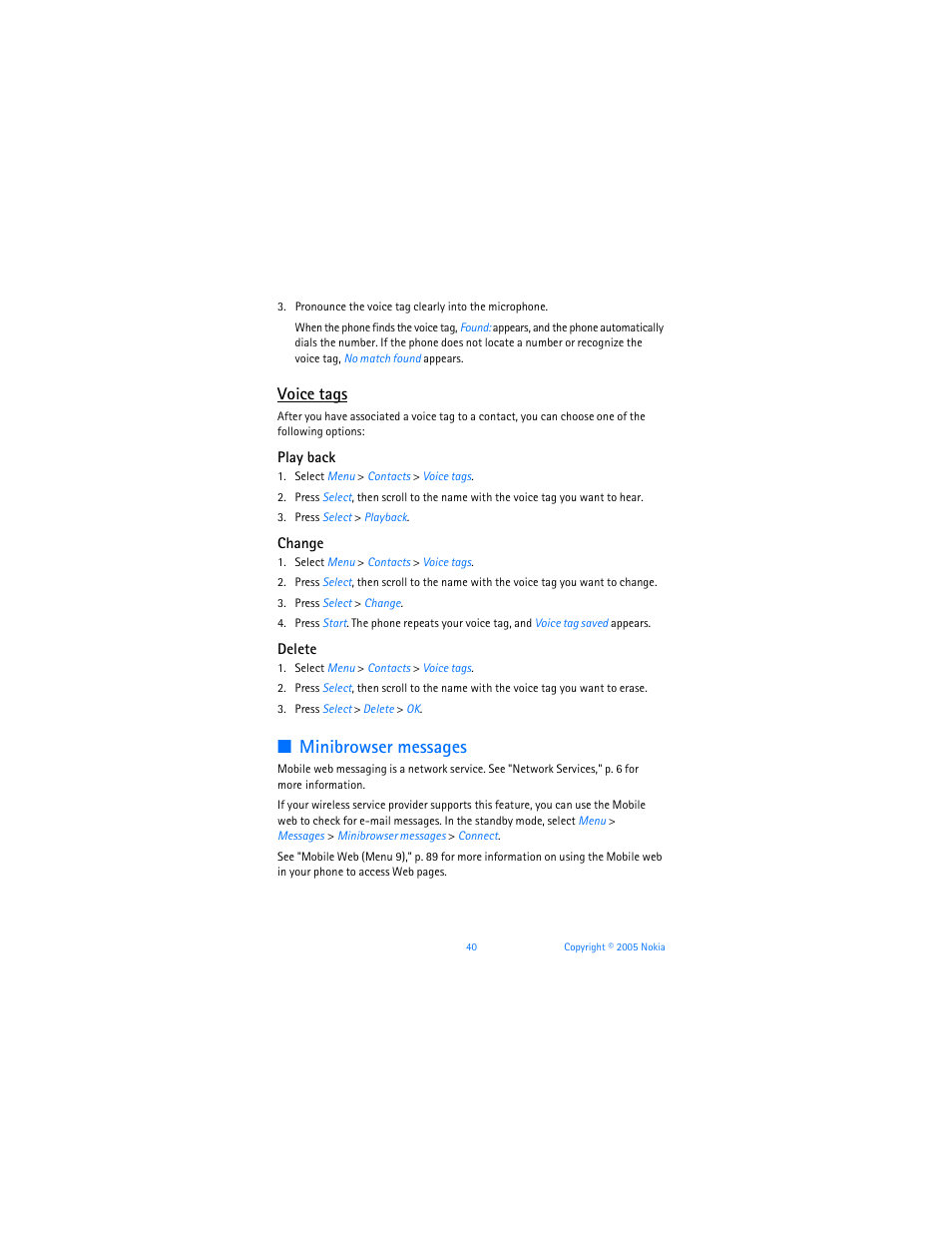 Minibrowser messages, Voice tags | Nokia 6256i User Manual | Page 41 / 123