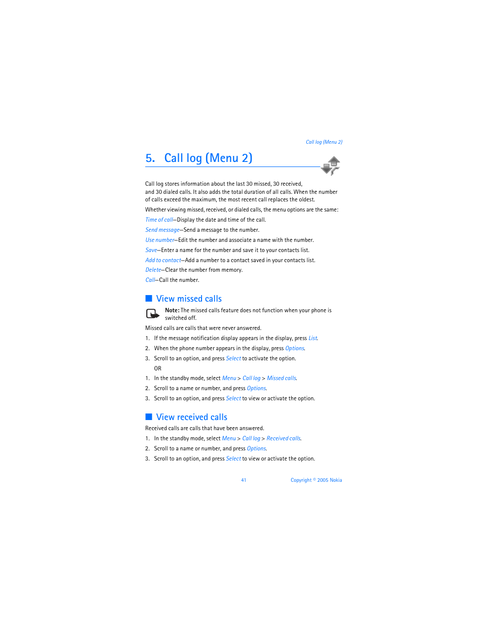 Call log, Call log (menu 2), View missed calls | View received calls | Nokia 6256i User Manual | Page 42 / 123