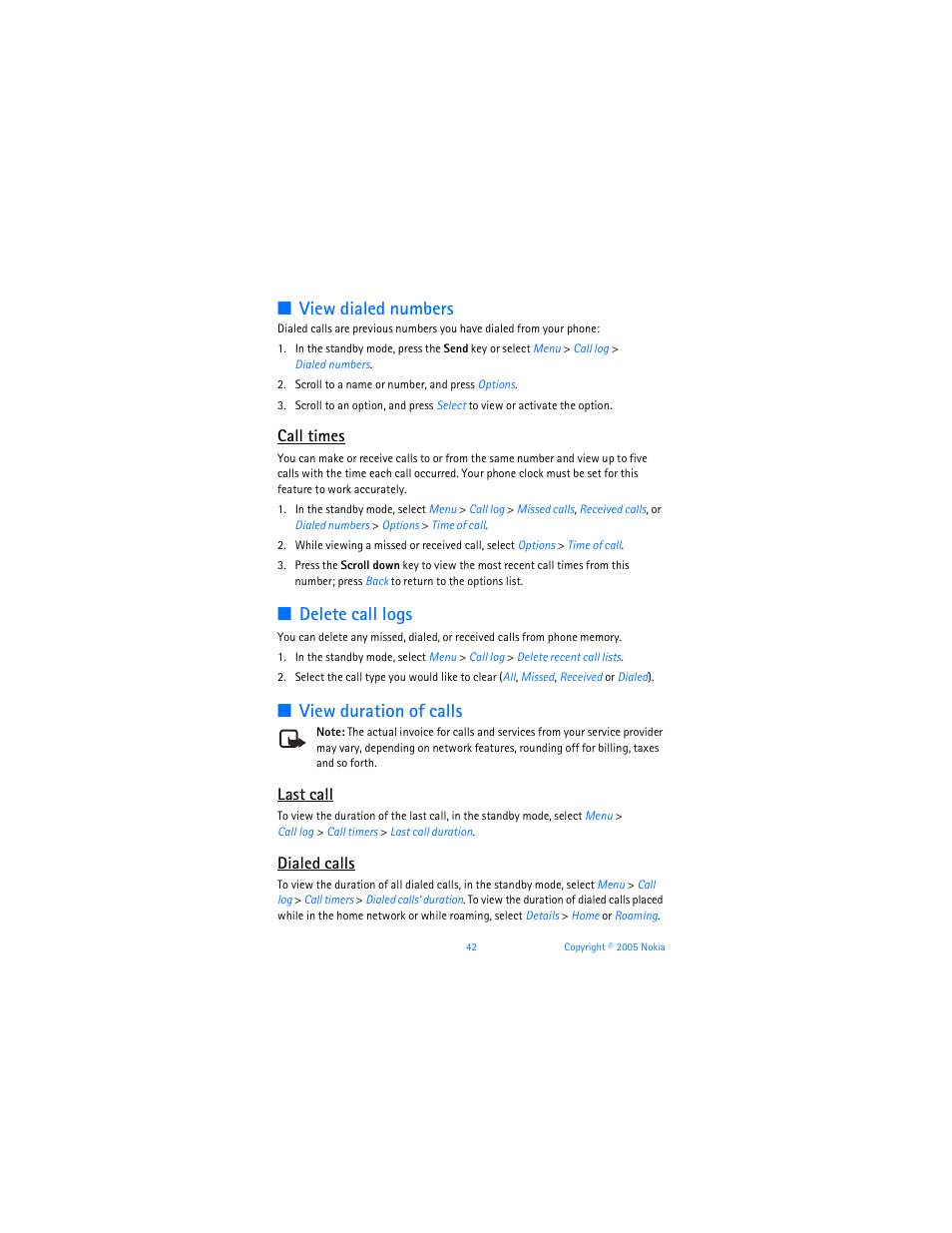 View dialed numbers, Delete call logs, View duration of calls | Call times, Last call, Dialed calls | Nokia 6256i User Manual | Page 43 / 123