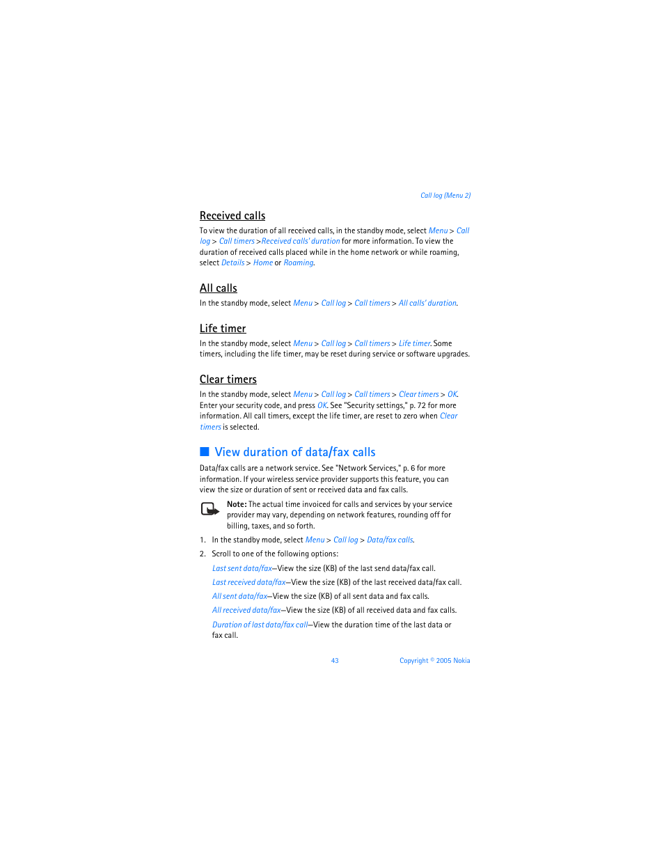 View duration of data/fax calls, Received calls, All calls | Life timer, Clear timers | Nokia 6256i User Manual | Page 44 / 123