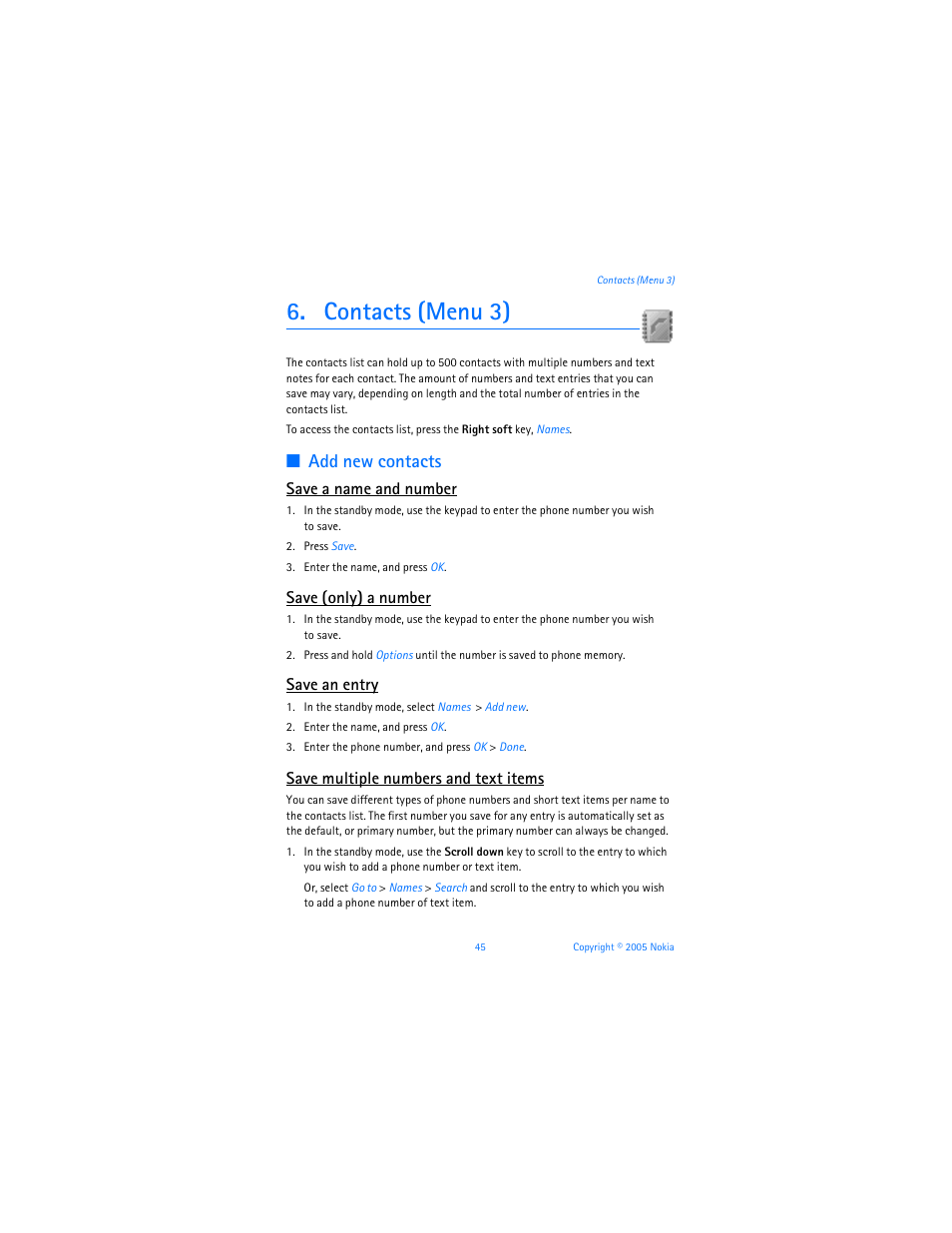Contacts, Contacts (menu 3), Add new contacts | Save a name and number, Save (only) a number, Save an entry, Save multiple numbers and text items | Nokia 6256i User Manual | Page 46 / 123