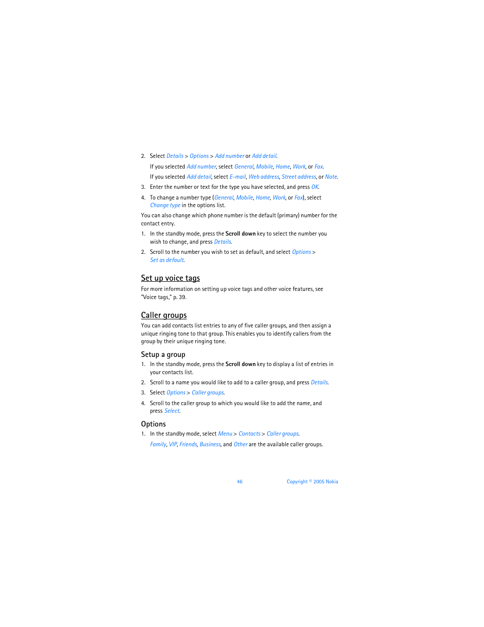 Set up voice tags, Caller groups | Nokia 6256i User Manual | Page 47 / 123