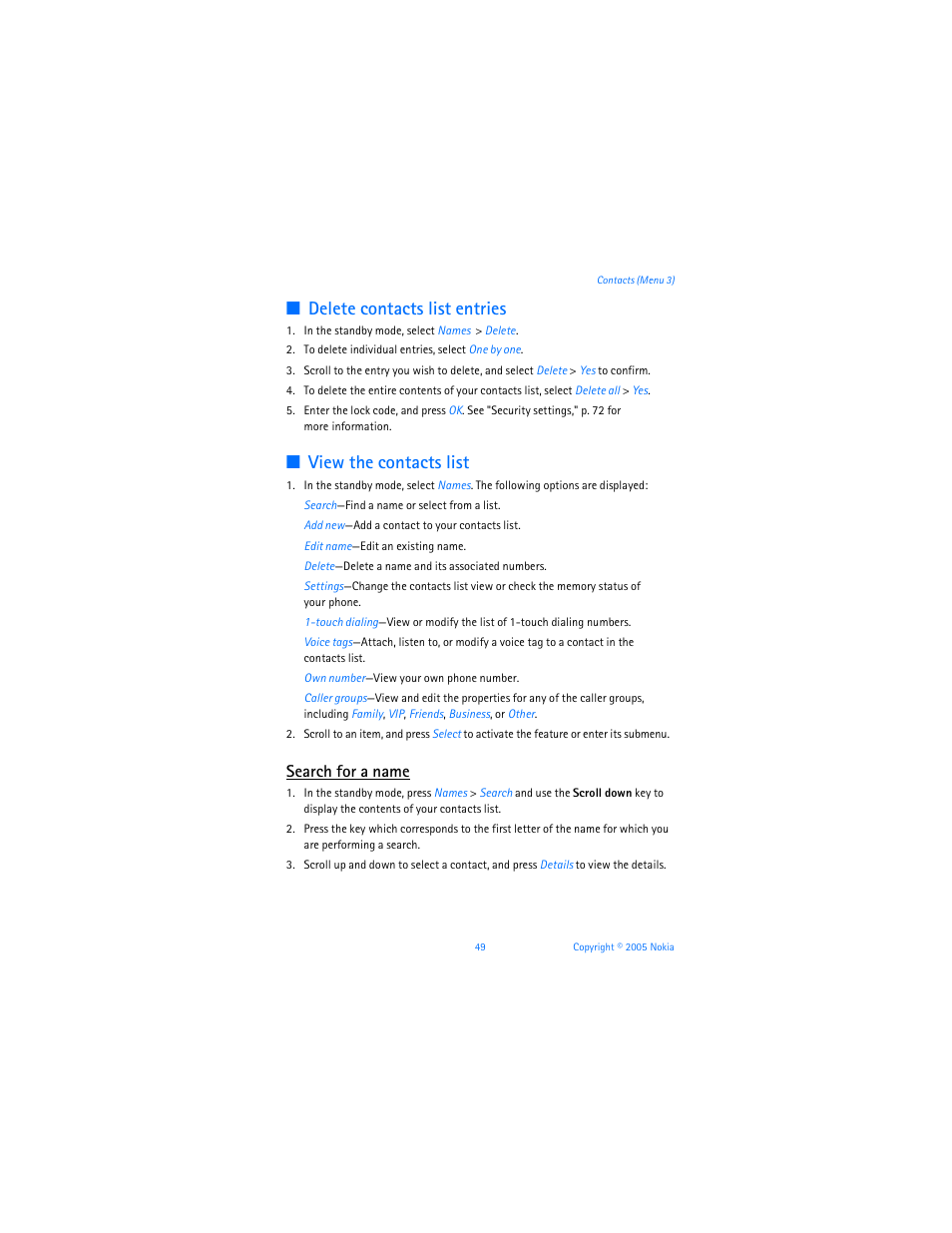 Delete contacts list entries, View the contacts list, Search for a name | Nokia 6256i User Manual | Page 50 / 123