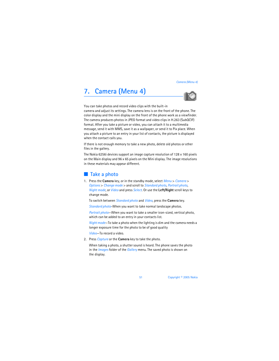 Camera (menu 4), Take a photo | Nokia 6256i User Manual | Page 52 / 123