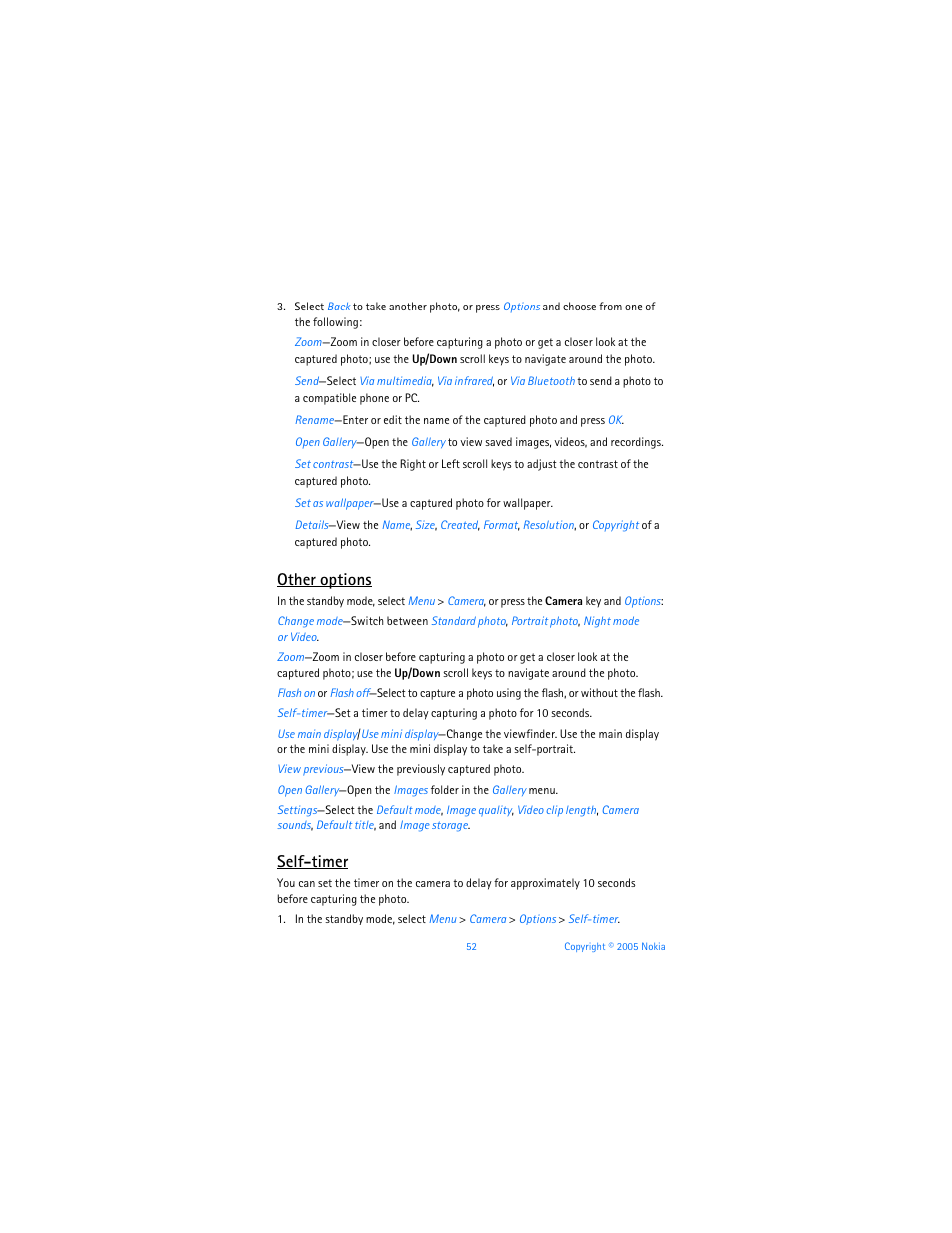 Other options, Self-timer | Nokia 6256i User Manual | Page 53 / 123