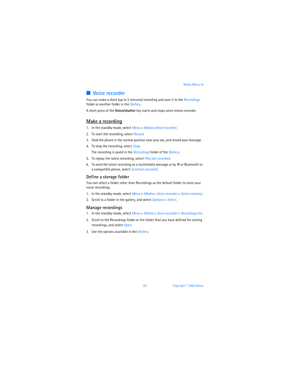 Voice recorder, Make a recording | Nokia 6256i User Manual | Page 60 / 123