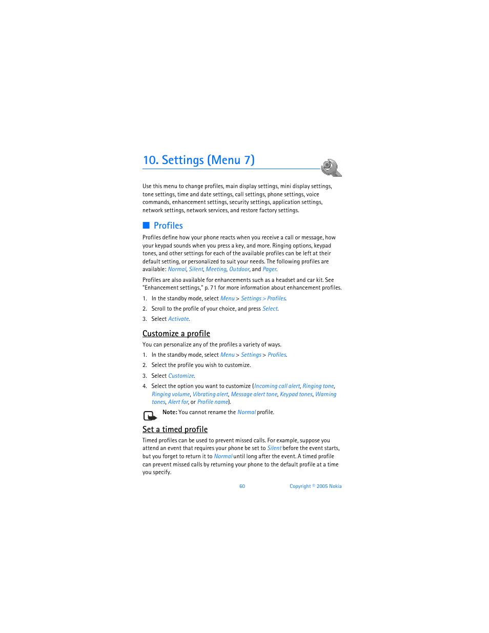 Settings (menu 7), Profiles," p. 60, Profiles | Customize a profile, Set a timed profile | Nokia 6256i User Manual | Page 61 / 123