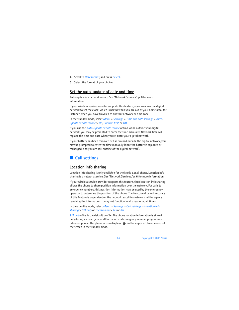 Call settings, Set the auto-update of date and time, Location info sharing | Nokia 6256i User Manual | Page 65 / 123