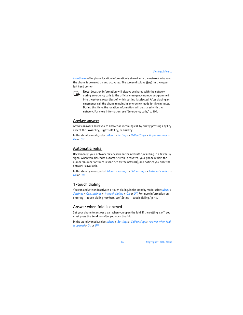 Anykey answer, Automatic redial, Touch dialing | Answer when fold is opened | Nokia 6256i User Manual | Page 66 / 123