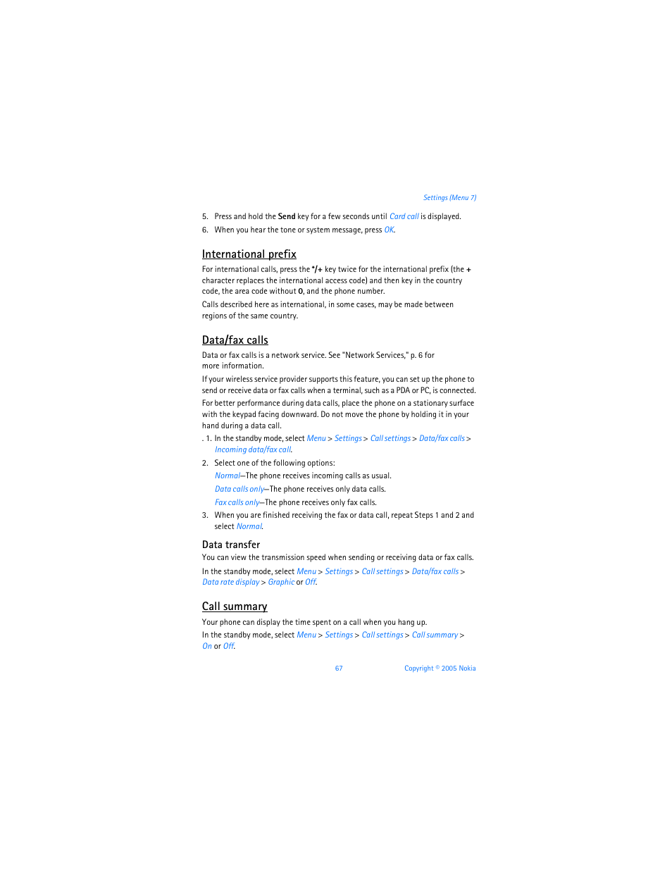 International prefix, Data/fax calls, Call summary | Nokia 6256i User Manual | Page 68 / 123