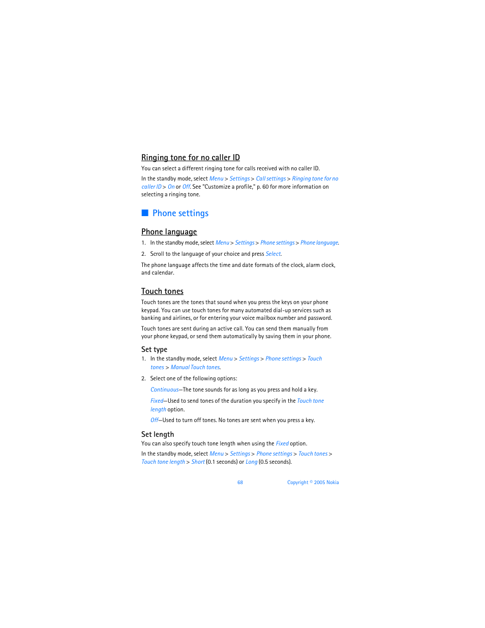 Phone settings, Ringing tone for no caller id, Phone language | Touch tones | Nokia 6256i User Manual | Page 69 / 123