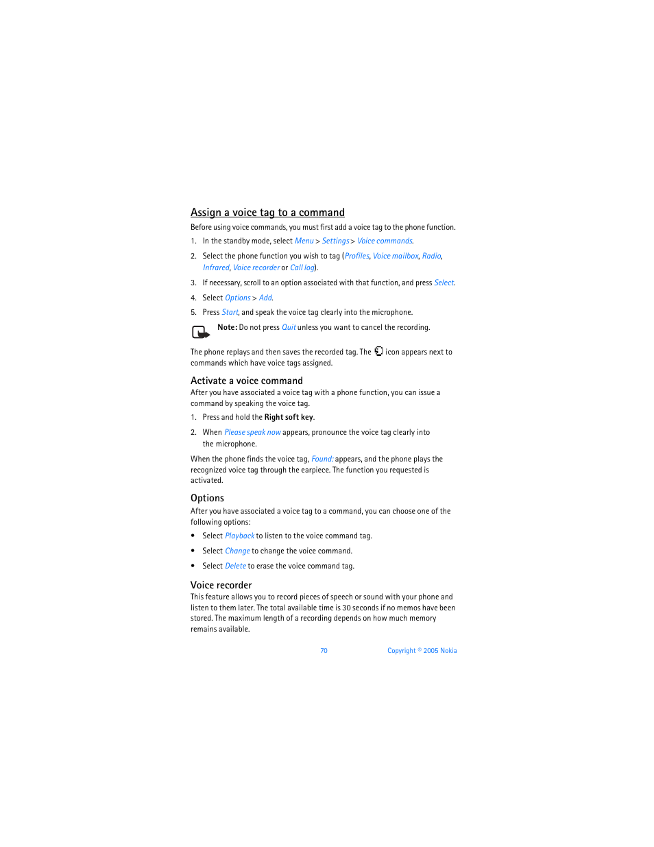 Assign a voice tag to a command | Nokia 6256i User Manual | Page 71 / 123