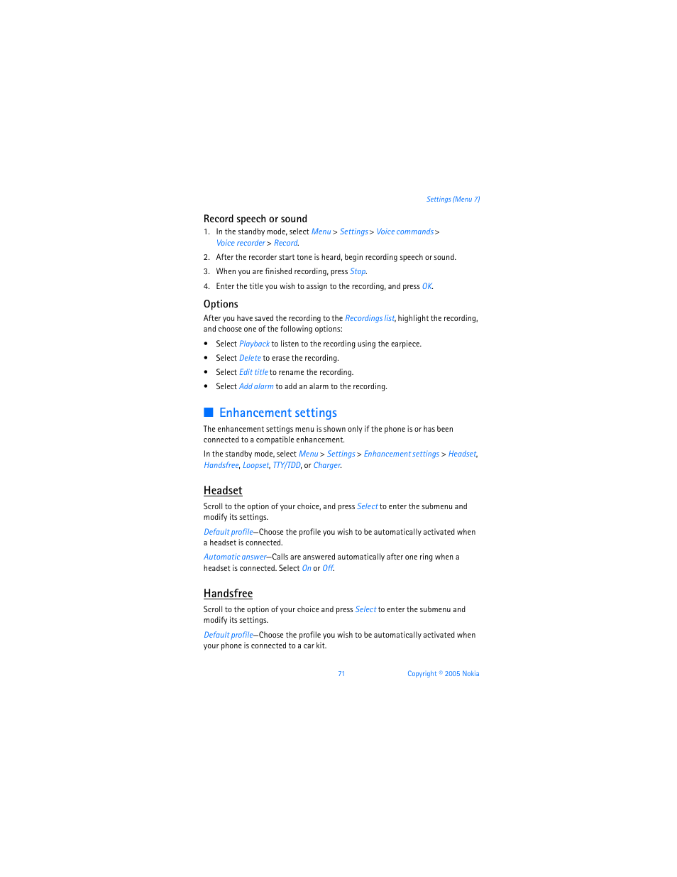 E "enhancement settings," p. 71, Ee "enhancement settings," p. 71, Enhancement settings | Headset, Handsfree | Nokia 6256i User Manual | Page 72 / 123