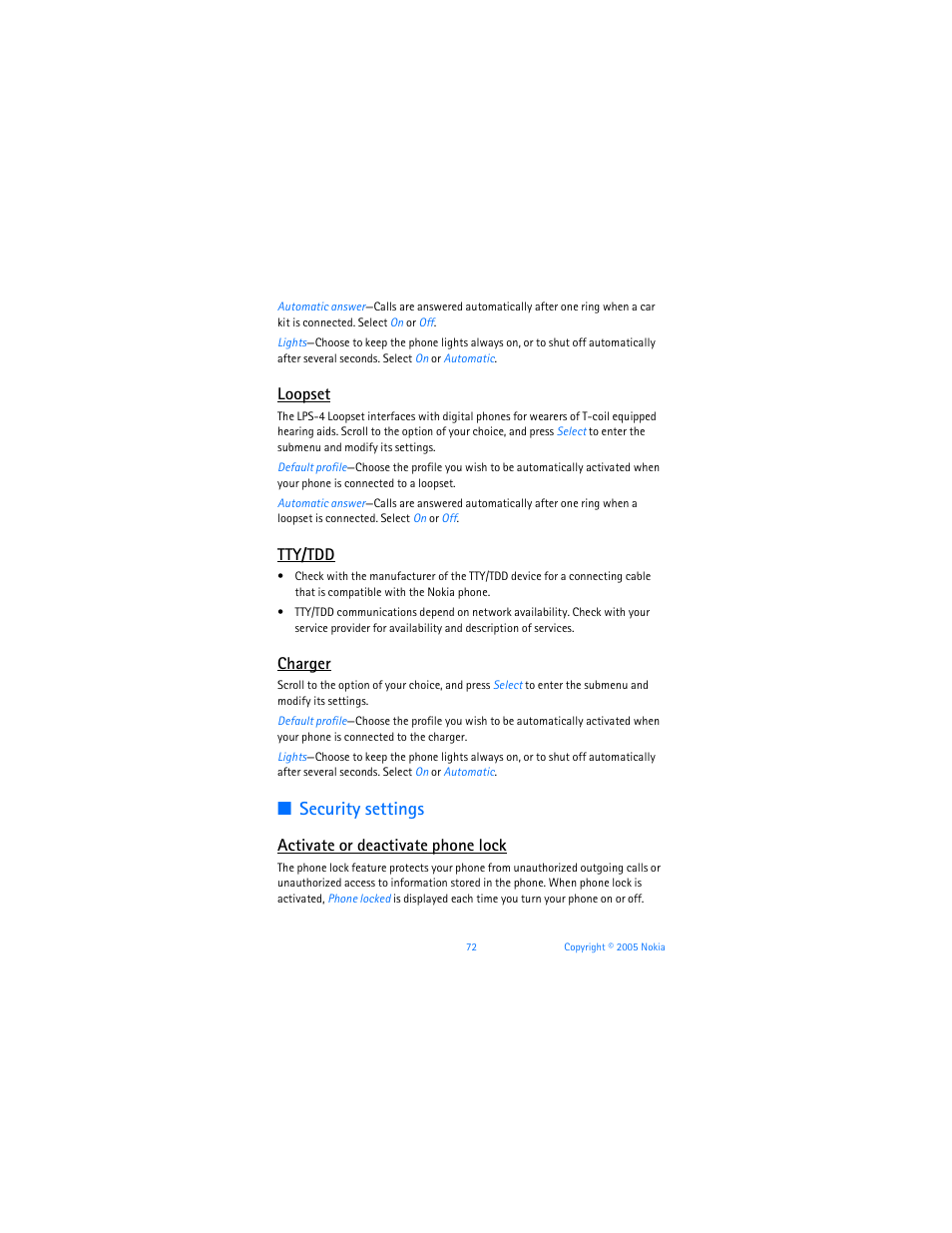 Security settings, Loopset, Tty/tdd | Charger, Activate or deactivate phone lock | Nokia 6256i User Manual | Page 73 / 123
