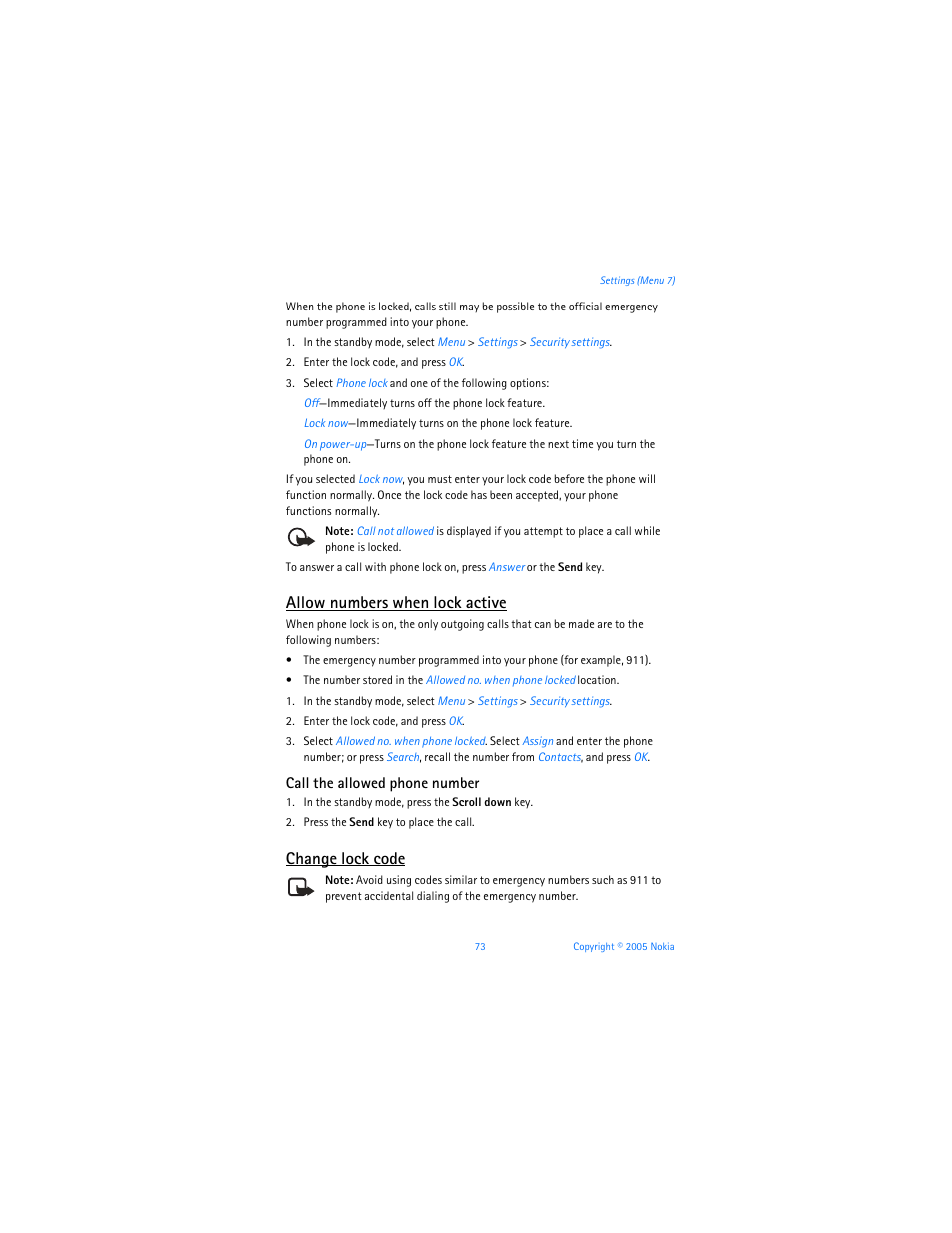 Allow numbers when lock active, Change lock code | Nokia 6256i User Manual | Page 74 / 123