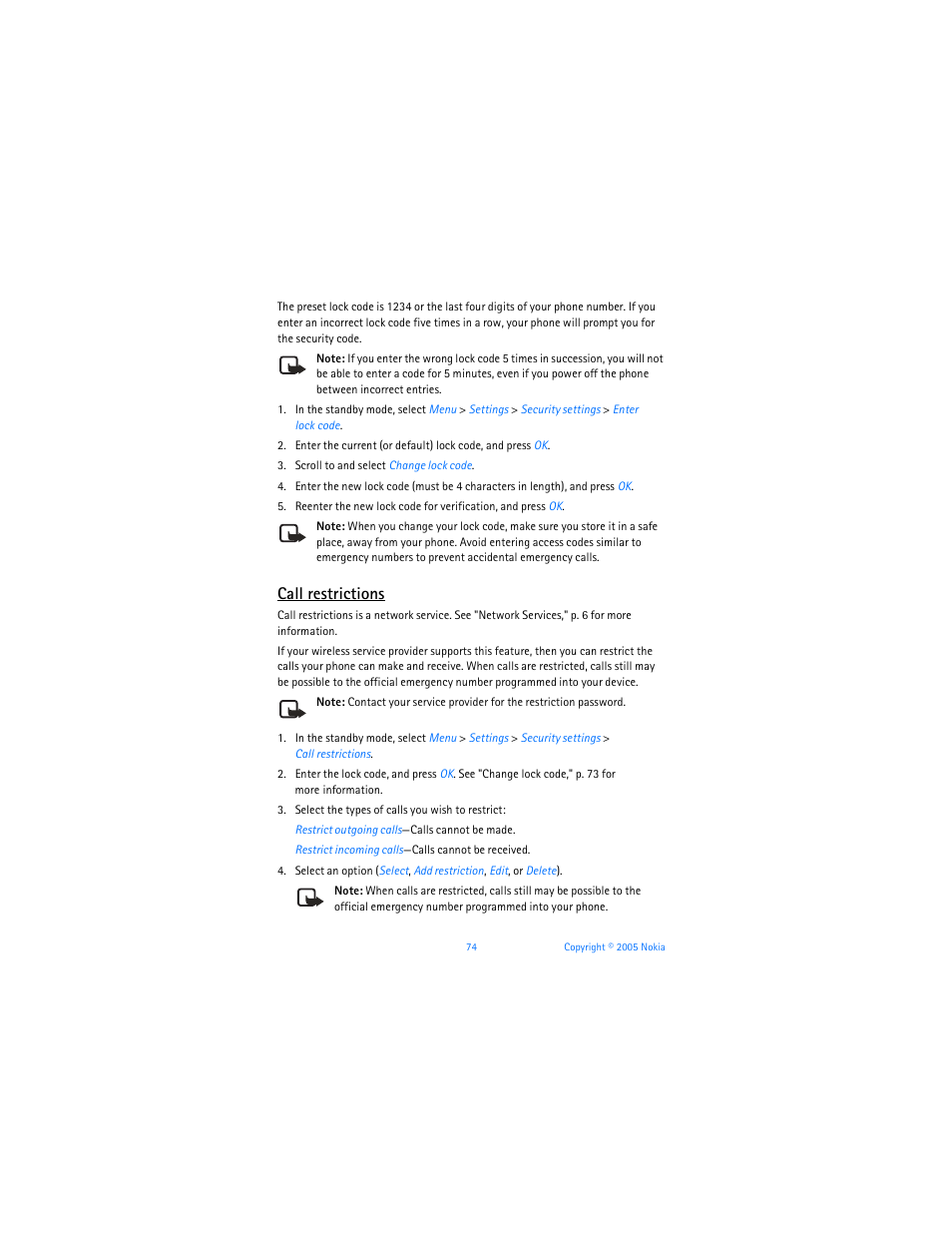 Call restrictions | Nokia 6256i User Manual | Page 75 / 123